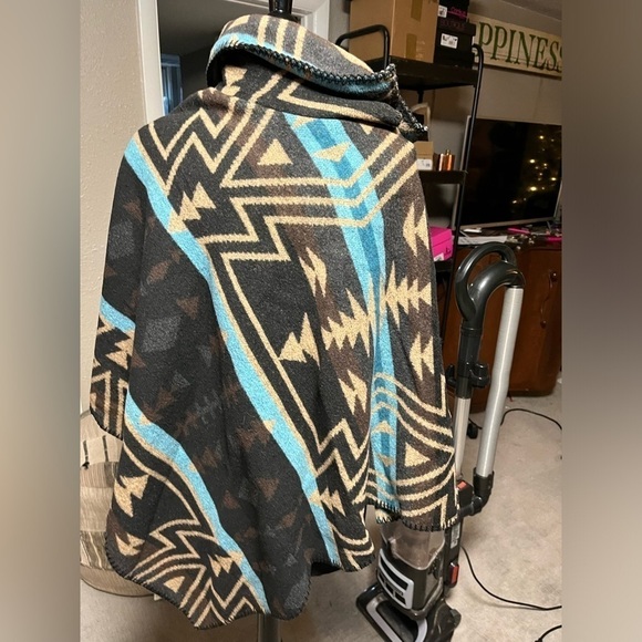 NWT western designer Rhonda Stark wool turquoise black poncho turtle neck - Picture 1 of 11